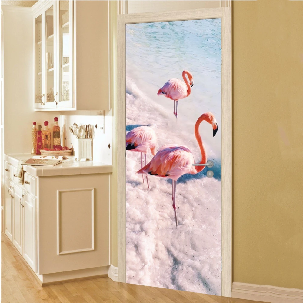 Self-adhesive Door Stickers Pink Flamingos On Beach Vinyl Fridge Cover Decal Peel and Stick Wallpaper for Home Decor