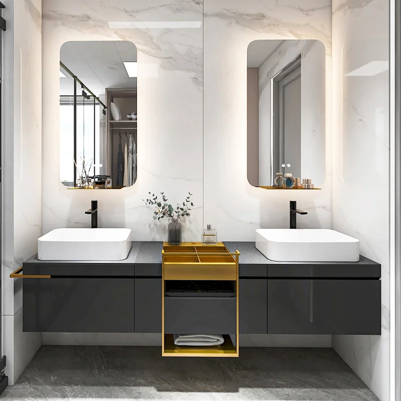 new design luxury double sink floating  black bathroom vanity cabinet with led mirror modern vanity lights for bathroom