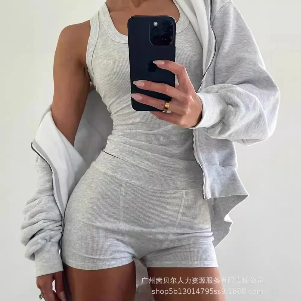 Sexy Skinny Shorts Pants Ribbed Vest Tanks Light Gray U-neck Vests Tops Women Summer Shorts Set 2-piece Sets Outfits