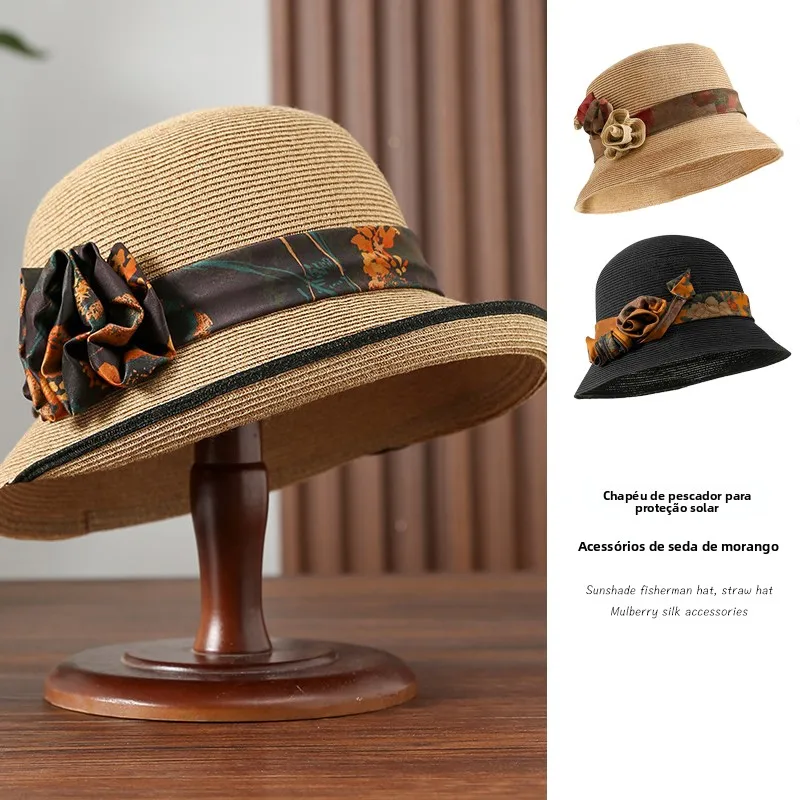 elegant-ice-silk-technology-straw-hat-women's-fashion-fisherman-beach-sun-hat-summer-travel-round-top-short-brim-hat