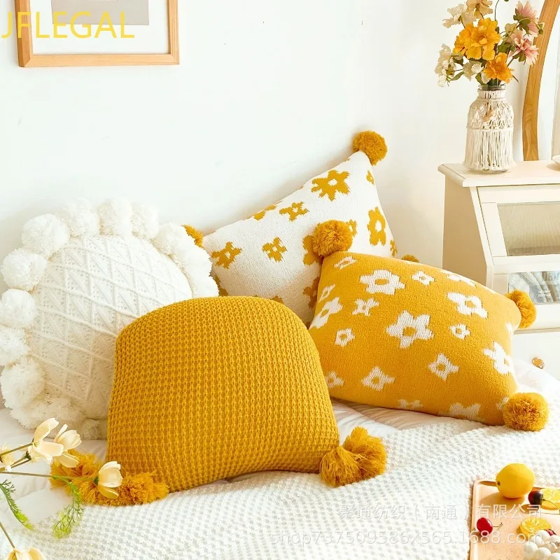 Nordic Yellow Floral Knitted Cushion With Pom Pom Ball Soft Cozy Decorative Throw Pillow Sofa Bed Home Decoration