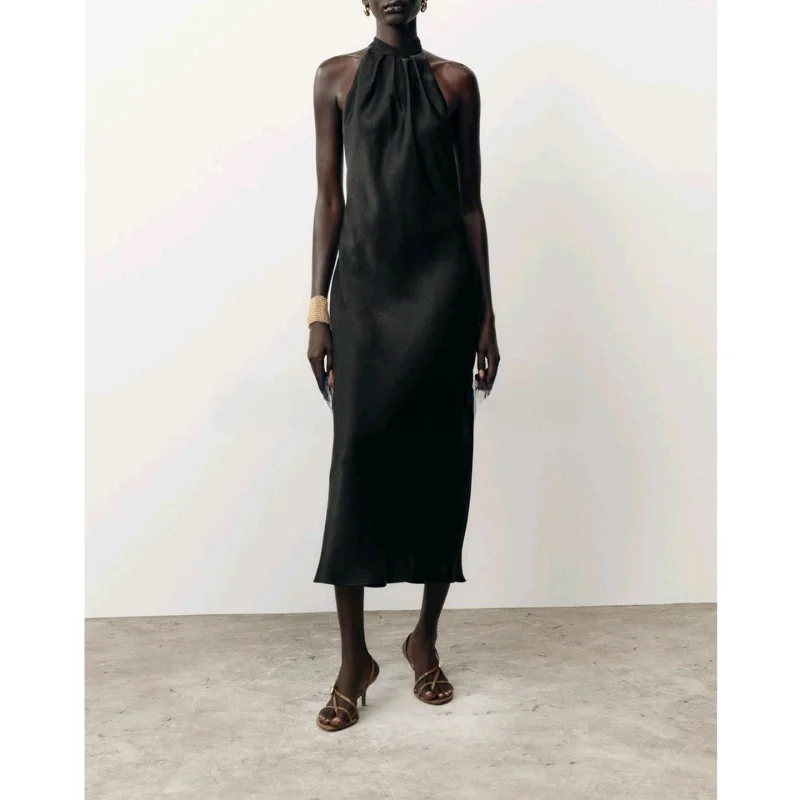 Vestido midi sexy de cetim de seda sem costas, decote suspenso, estilo casual, vestido f de fibra de poliéster sem mangas