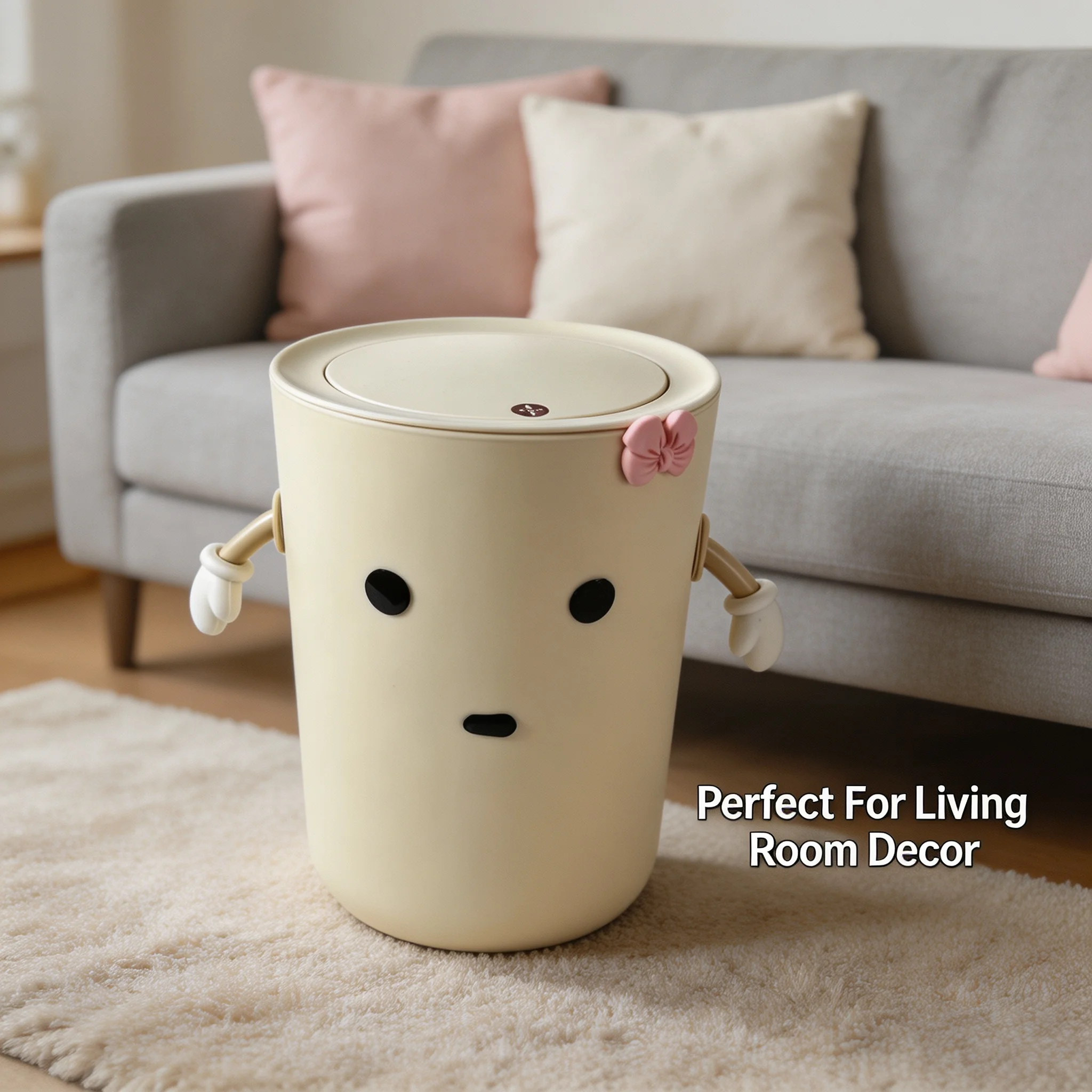 Kawaii Press‑Top Trash Can, Cute Cartoon Decorative Waste Bin with Movable Arms & Pink Bow, Plastic Lidded Garbage Container for Indoor Home Use