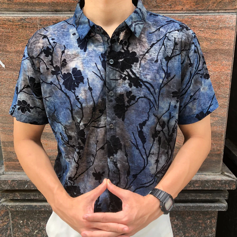 

Sexy Transparent Shirt Men Black Summer Short Sleeve Shirts Men Dress Flower Pattern Shirt Club Party Chemise Homme Camicia Uomo