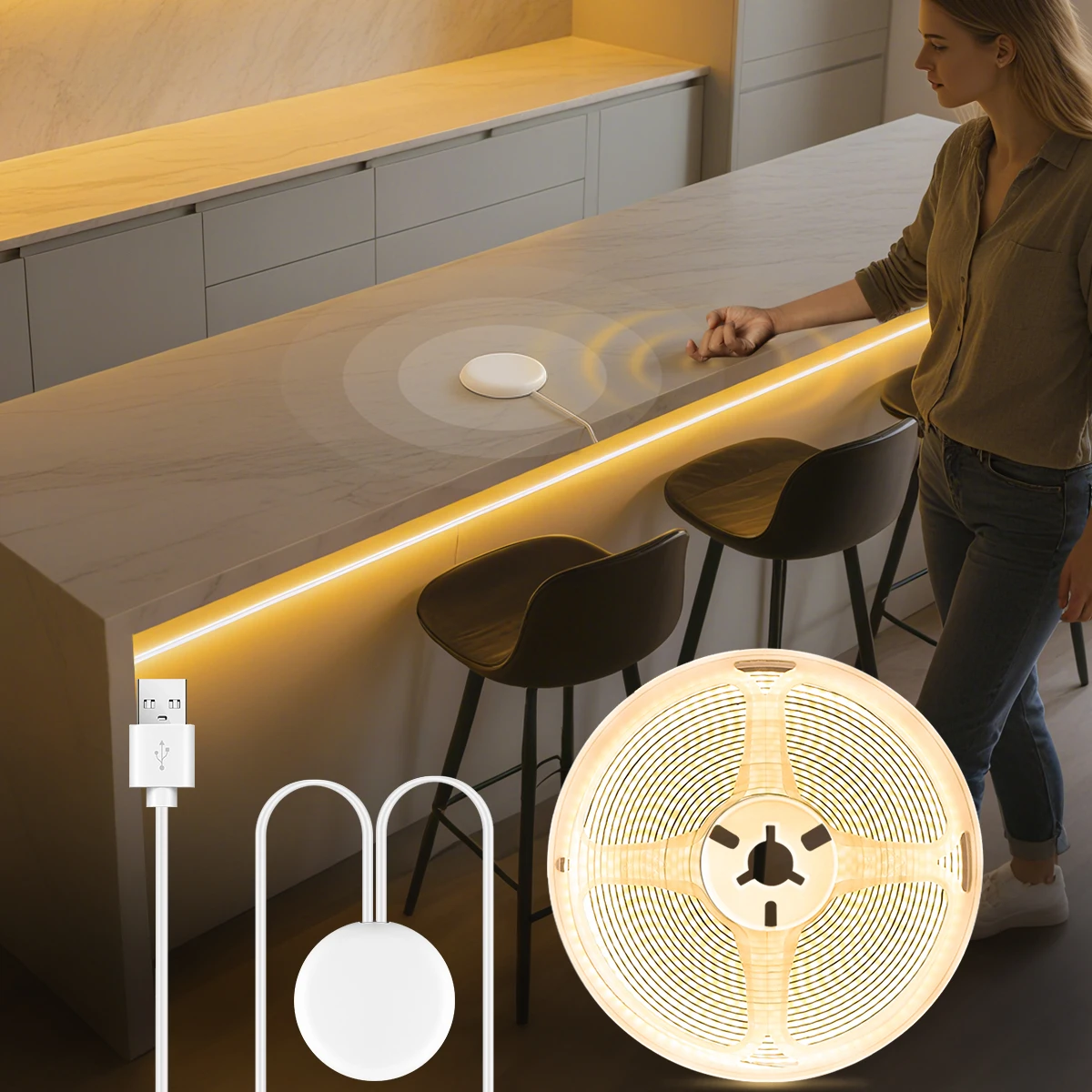 Novel USB LED Light with Vibration Sensor,Tap Twice Consecutively to Turn On of Off,Applicable to Vanity Desk/Mirror Lighting 5V