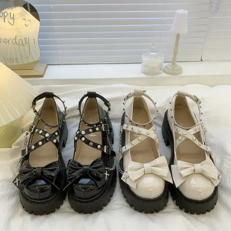 Patent Leather Women's Mary Jane Shoes Bow Women Pumps Shoes Sweet Cross-tied Lolita Style Leather Punk Gothic Rivet Casual Shoe