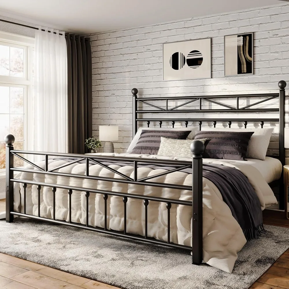 

54" Metal King Bed Frame with Tall Headboard & Footboard, LED Light King Bed Frame, Strong Metal Slats Support and Noise