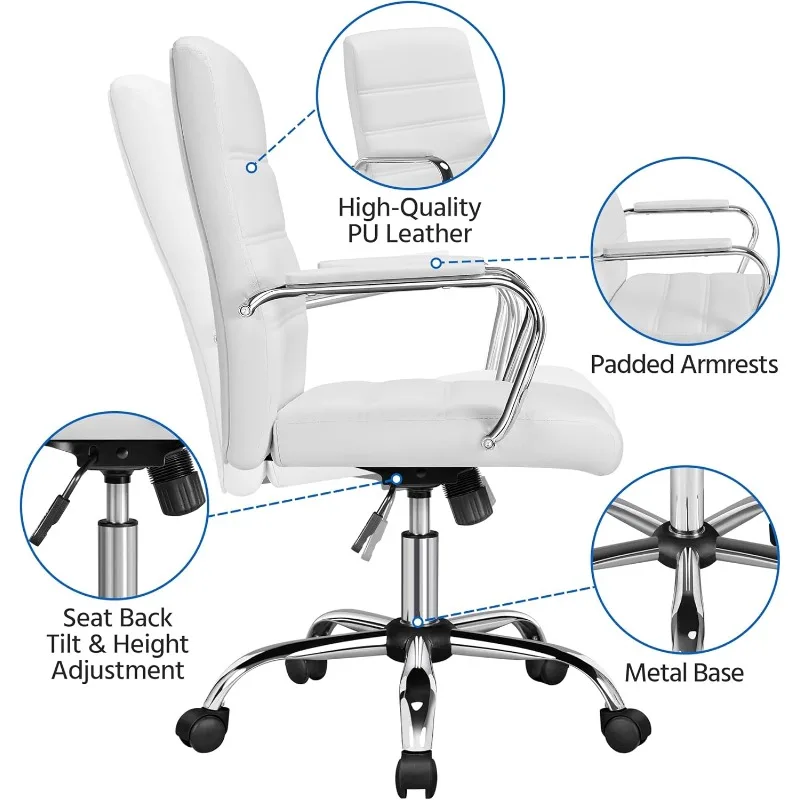 Silla de escritorio de oficina Silla ejecutiva ergonómica ajustable en altura con soporte lumbar Reposabrazos y asiento acolchados gruesos y cómodos, blanco