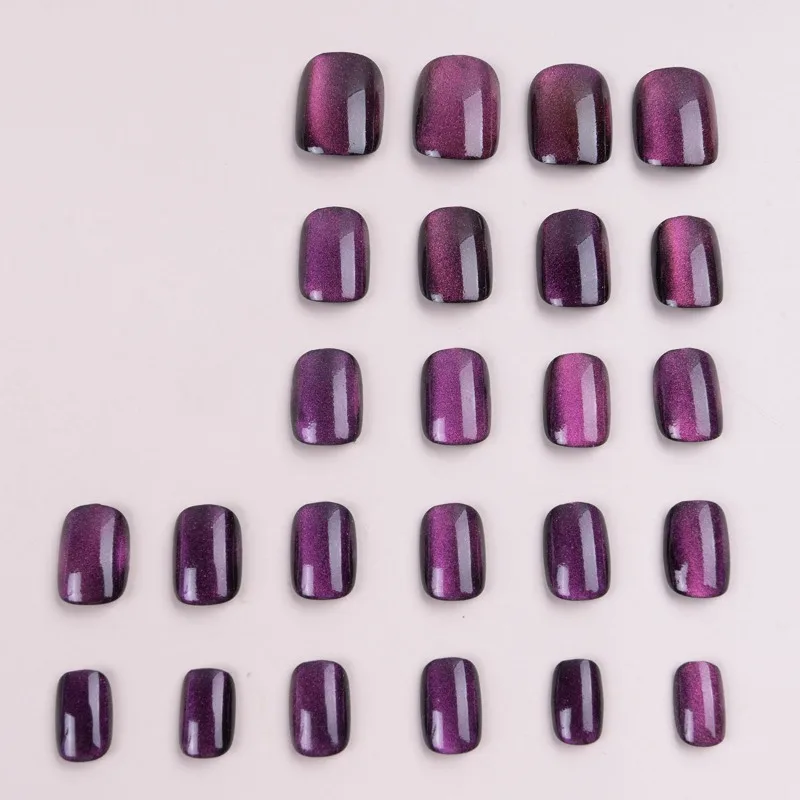 Uñas postizas con diseño de ojo de gato para niñas, uñas postizas largas y cortas con pegamento, color morado, 24 piezas