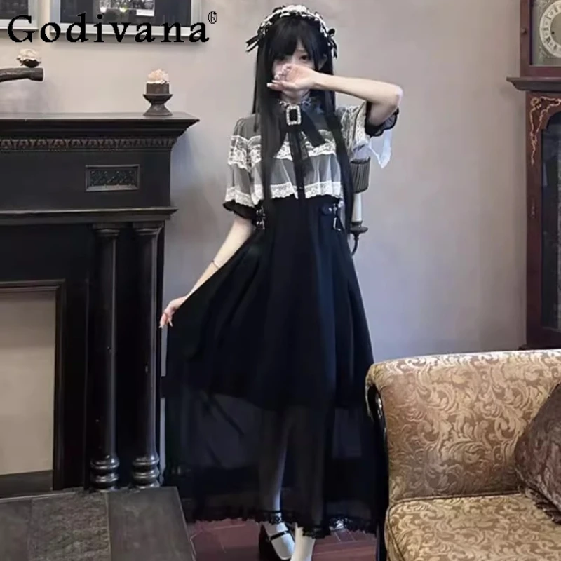 

Rojita Japanese Style Dress Blouse Cape Women's High Waist Princess Lace Dress Female Summer Black Lolita Sweet Bow Dress