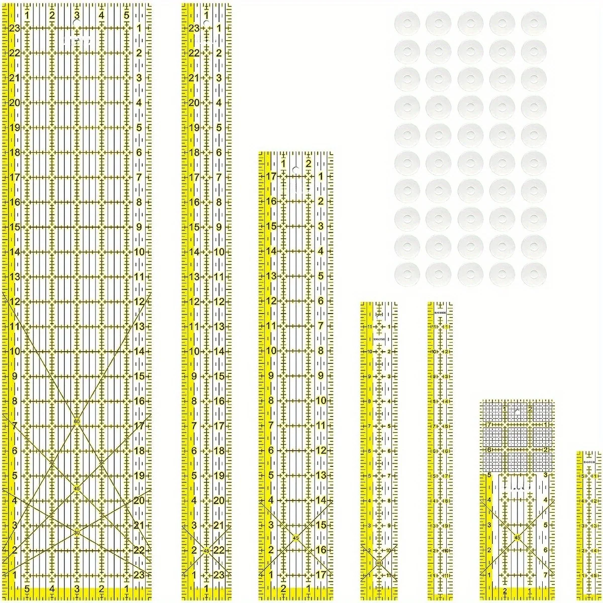 Acrylic Ruler 7 Piece Set, Non Slip Rings 50 PiecesQuilting Rulers Size (6\