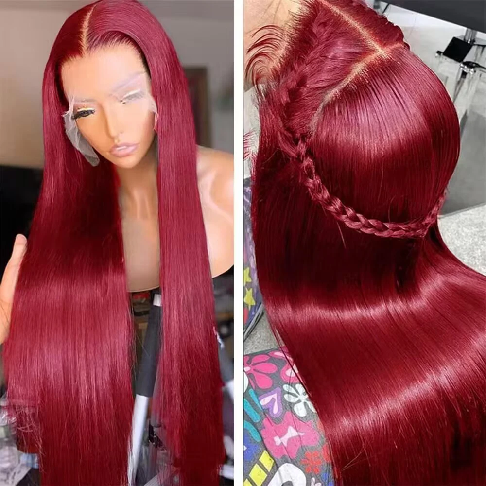 99J Burgundy Red 13x6 Lace Front Human Hair Wigs Glueless Colored Straight 13x4 HD Lace Frontal Closure Wig 30 36 Inch Red Wig