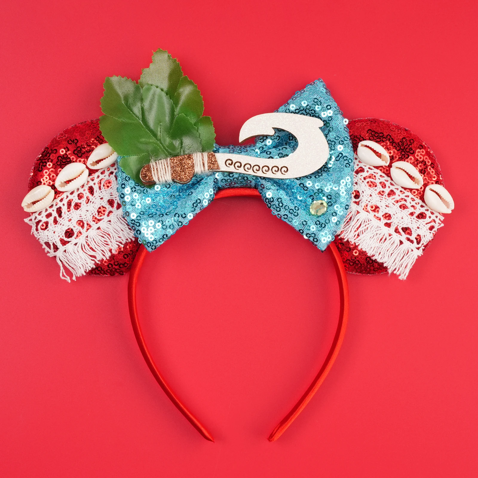 Cartoon Moana Stirnbänder für Mädchen, Kinder, Grasgrün, niedliche Haarbänder mit Mausohren, Damen, Rot, 5 Zoll, Pailletten-Schleife, Maui-Haaraccessoires, Geschenke – Detail 7