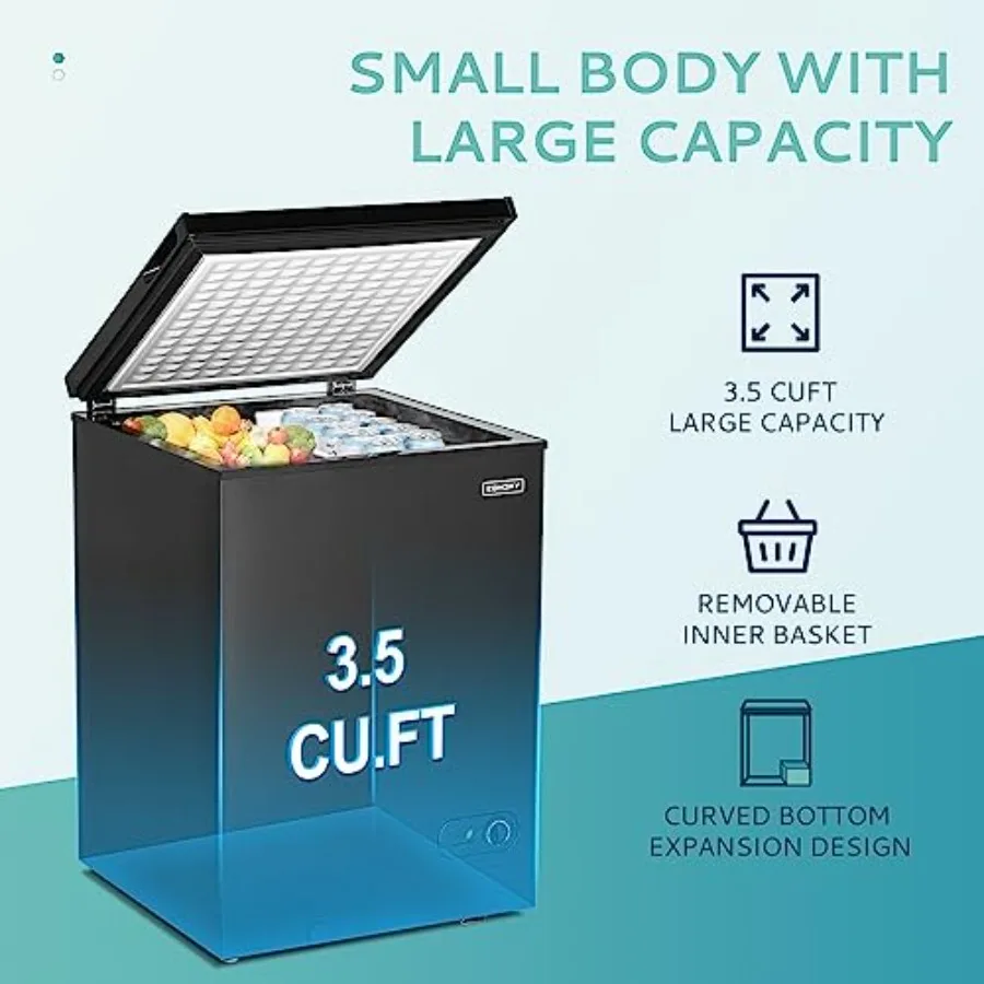 Chest Freezer with Wheels for Home Use, Black Steel, Smooth Top Door Design, Easy Mobility and Space-Saving Storage