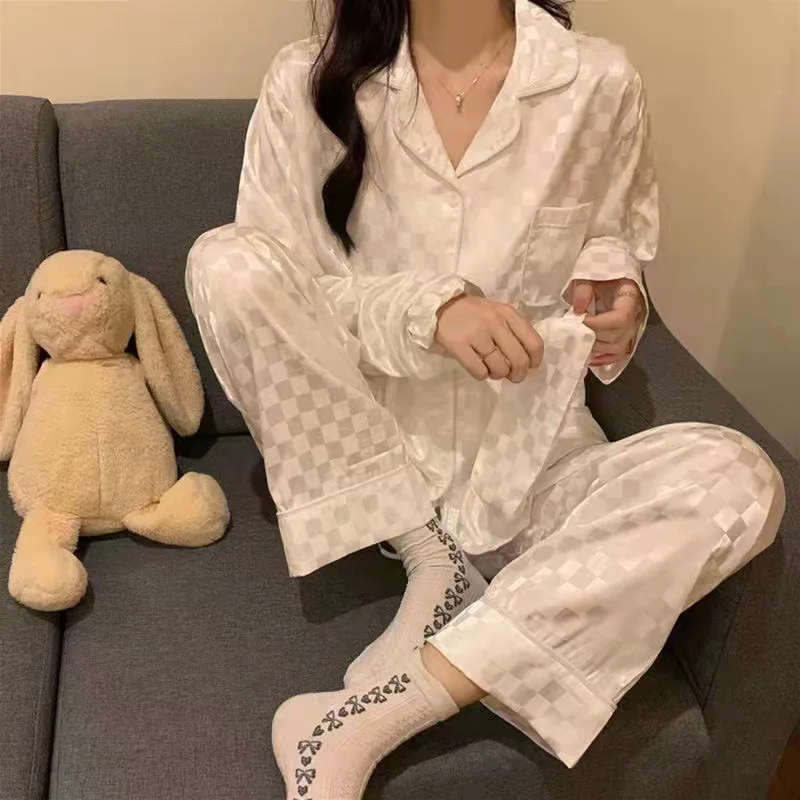 2Pcs/set Spring Autumn Women's Pajamas Set Loungewear Pajamas Imitation Silk Thin Long-sleeved Trousers Plaid Black Home Pajama