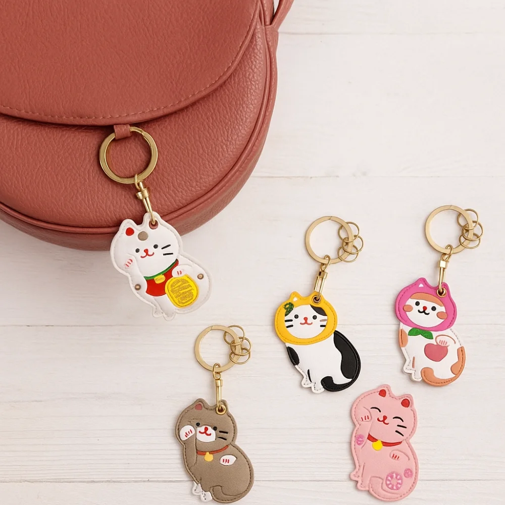 

Lovely Fruit Kitty Access Card Holder Maneki-neko Flower Fortune Cat Pendant Keyring Orange Strawberry