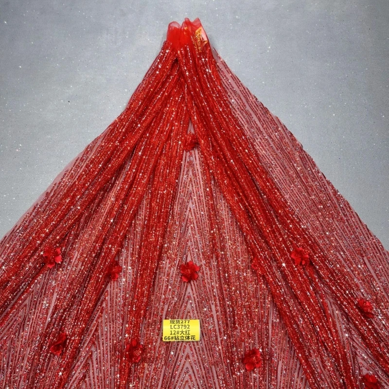 10 Yards Red Not shedding powder dimensional flower Wedding Dress Fabric Mesh Gold Spray Tull Wedding Party fabrics sewing