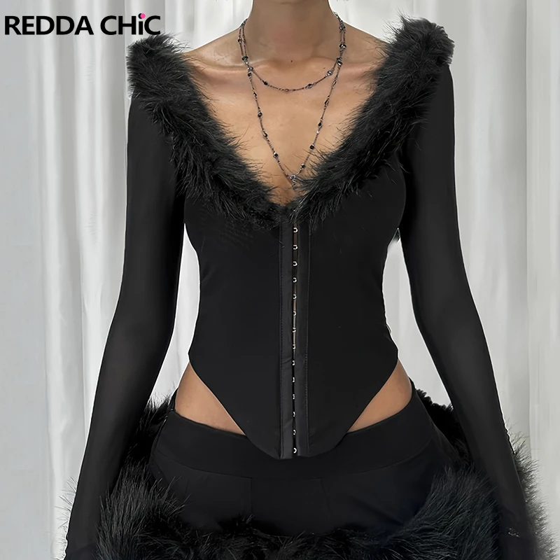 

REDDACHiC черная футболка с крючками и глазами, женская сексуальная прозрачная футболка с v-образным вырезом и длинными рукавами, футболка нестандартной формы, вечерние, праздничные наряды