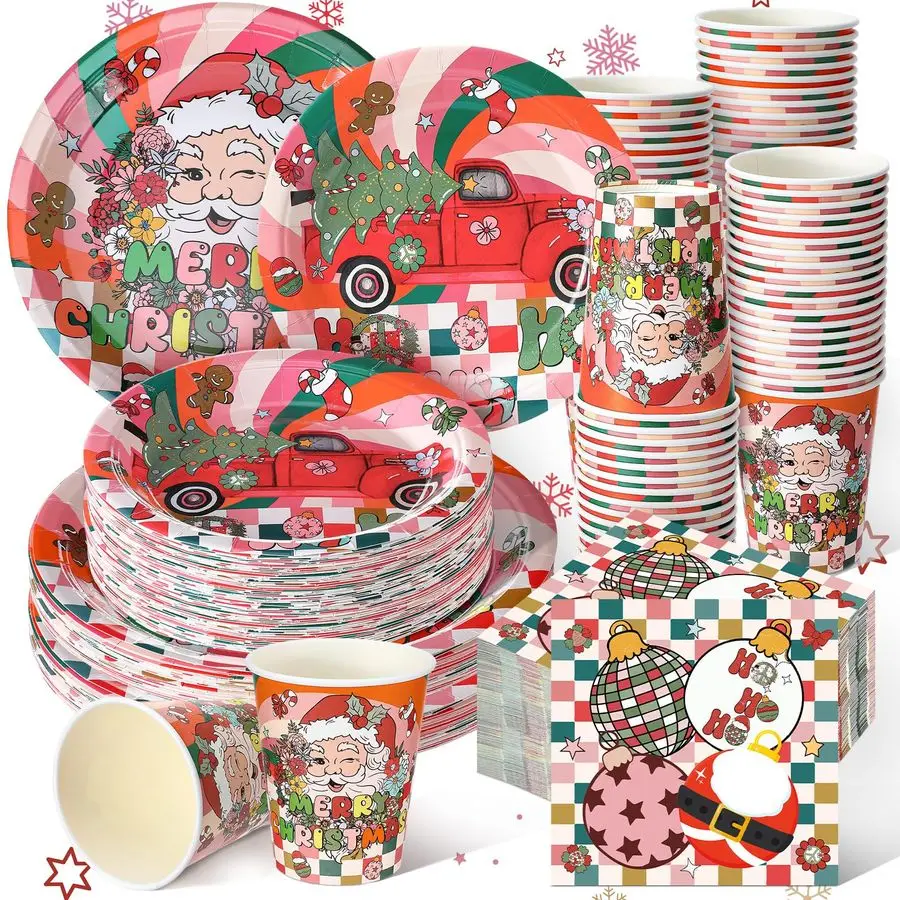 

250 шт. заводные рождественские тарелки и салфетки, украшения для вечеринки, наборы одноразовой посуды, принадлежности для детского душа, дня рождения, сервировка