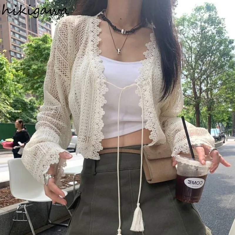 Cardigan Coat Women\'s Clothing Fashion Summer Bandage Tassel Y2k Tops Hollow Out Knitted Thin Cropped Sweater 2024 Ropa Mujer