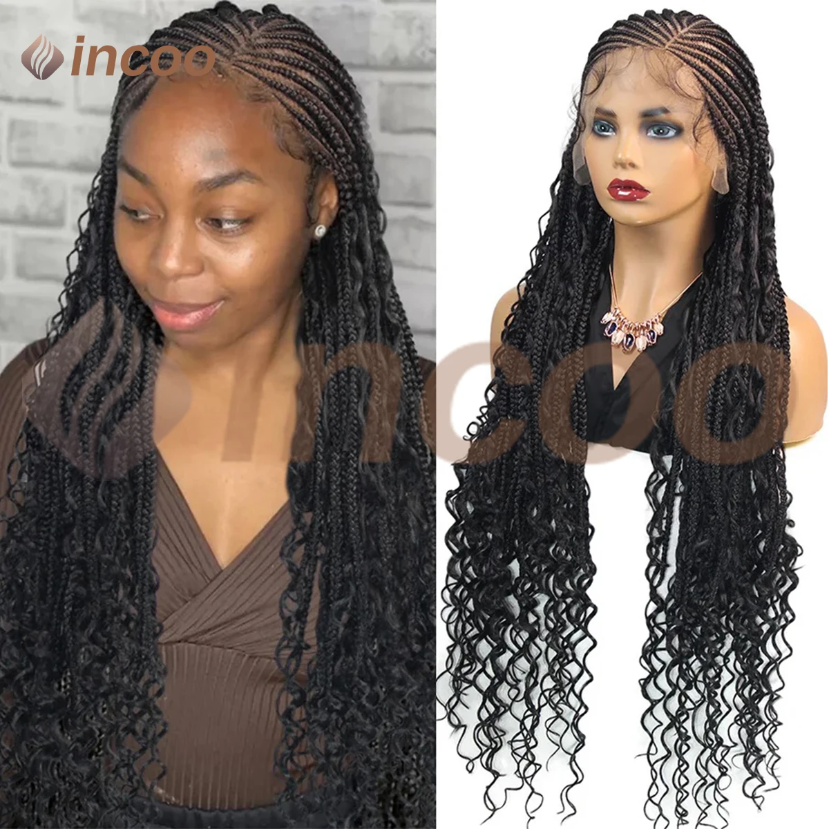 

36-дюймовые плетеные парики в стиле бохо Cornrow HD, полная кружевная боковая часть, плетеные парики без узлов, синтетический плетеный парик для чернокожих женщин