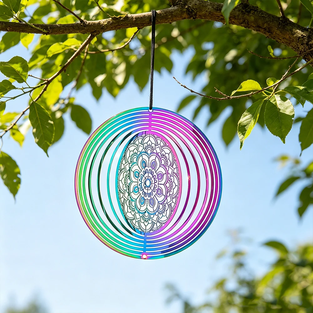 E9 Spiritual Mandala Wind Spinner Suncatcher Rainbow Circle Flowing-Light Effect Kinetic Wind Sculpture Meditation Hanging Decor