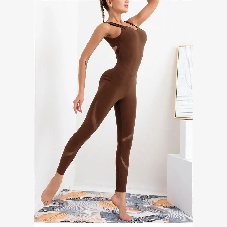 จั๊มสูทผ้าฝ้ายผสมเอวสูงสำหรับผู้หญิง ชุดออกกำลังกายแบบสปอร์ต กางเกงขายาวรีส