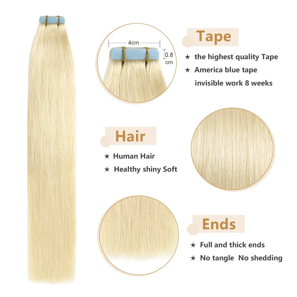 Extensiones de cabello con cinta adhesiva reutilizables Remy humano sin costuras piel weft ligero 20 piezas 30 g 16 20 pulgadas lacio para uso diario 3