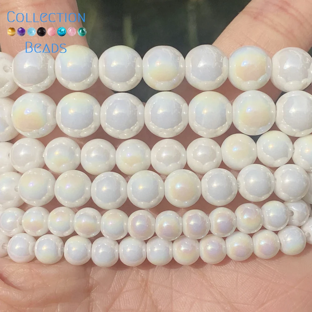 Naturalne kamienne koraliki 6 8 10 mm AB Plated White Porcelain Round Spacer Beads For Jewelry Making DIY Handmade Bracelet Necklace 15'' — zdjęcie 4