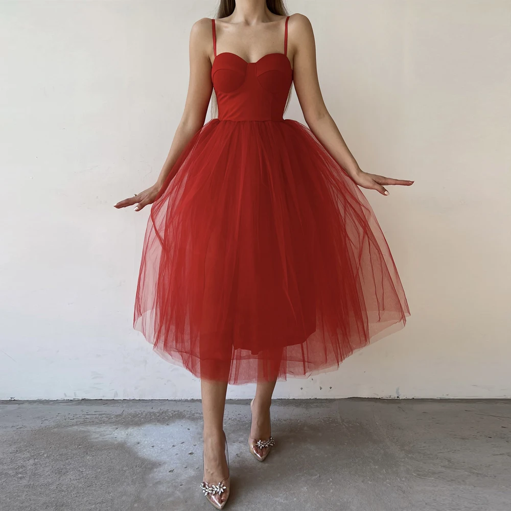 Vestido de noche árabe para ocasiones formales, traje rojo Simple, largo hasta el té, con tirantes finos, para fiesta de graduación, cóctel, 2024