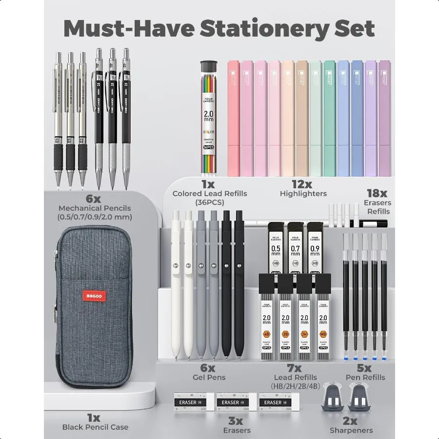 45 PCS School plies with Pen Case 6 Gel Pens 6 Art Mechanical Pencil Set 12 Highlighters for College entials Office Stationery