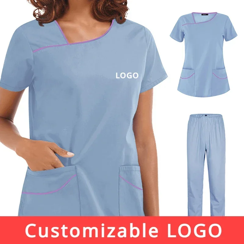 Uniformes de enfermería con logotipo personalizable para mujer, conjunto de exfoliante para el cuidado de mascotas, Top de manga corta con cuello en V, ropa de trabajo para cirugía médica