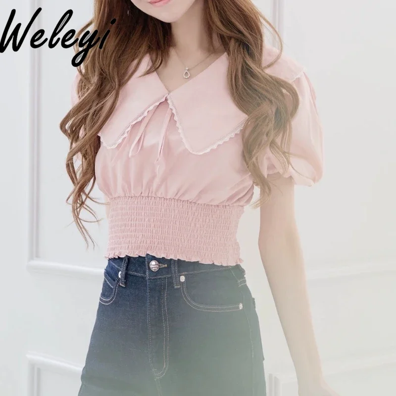 

Japanese Style Sweet Pink Cropped Shirt Women Summer New Gentle Cute Short Sleeve Big Lapel Collar Blue Blouse Blusas Mujer