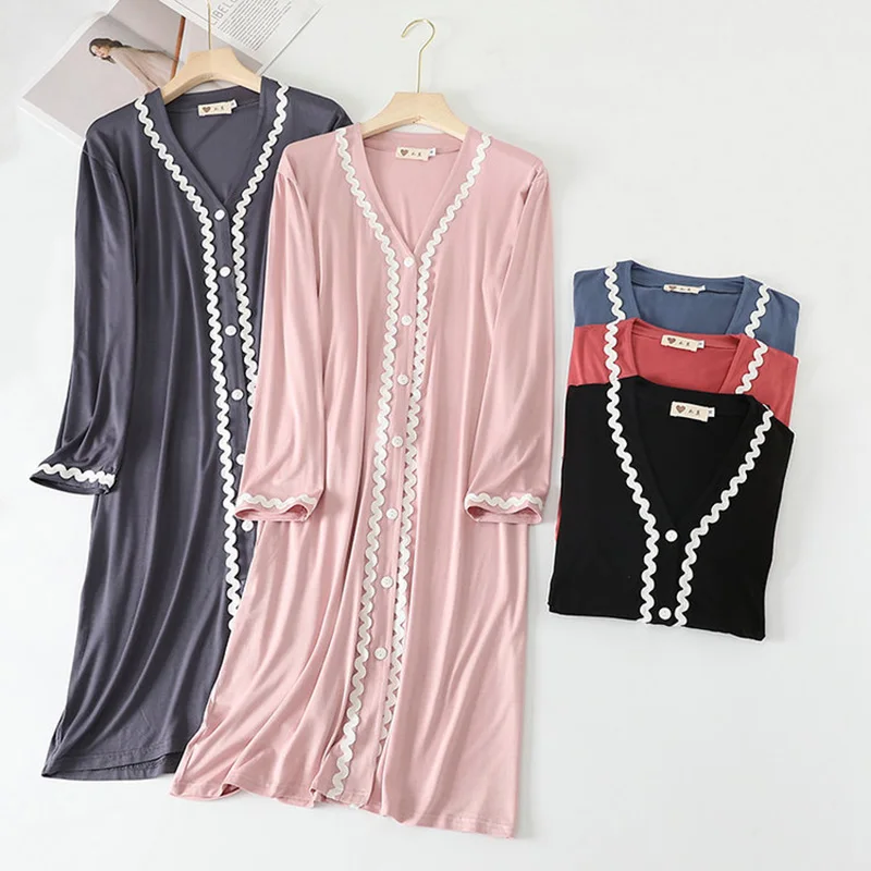 Plus Size Women Nightgowns Autumn Long Sleeve Fashion Button Sleepwear Dress Loose Casual Home Wear Pajamas Nightdress Female