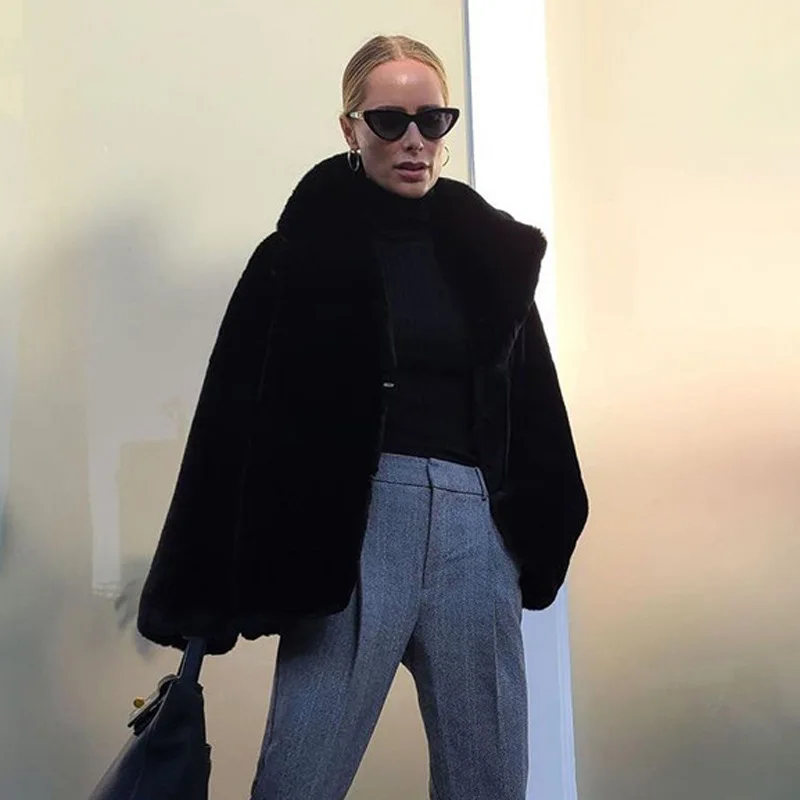 Chaqueta corta negra de piel sintética a la moda para mujer, abrigo de manga larga con botón frontal a presión, prendas de vestir exteriores para mujer, abrigo grueso con cuello de solapa elegante