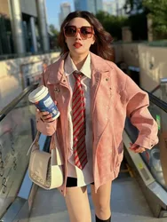 Pink Collar Suede Jacket For Women In Spring 2024 Leather Jacket Top Women Jacket New In Coats Leather Jacket Women Outerwears