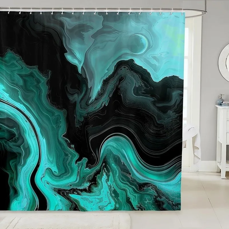Black Green Marble Fluid Texture Bathroom Shower Curtain No Drilling Waterproof Decor with 12 Hooks