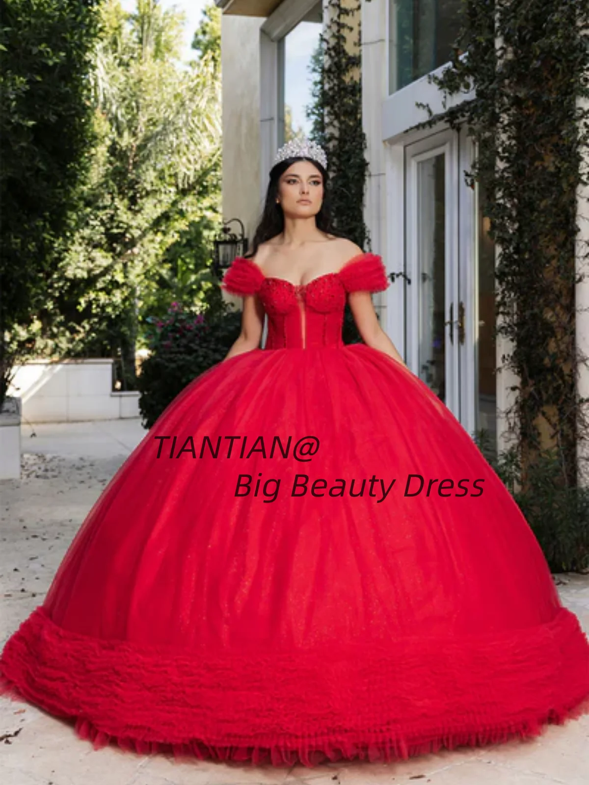 

Элегантное платье Quinceanera из бисера, многослойное платье с рюшами, длинное бальное платье из тюля с открытыми плечами, индивидуальное платье de 15, quinceañera