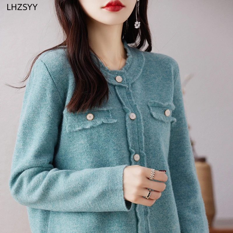 

LHZSYY Autumn Winter New Pure Cashmere Cardigan Women's O-Neck Jacket Loose Long-Sleeved Shirt Warm Large Size Knit Coat Sweater