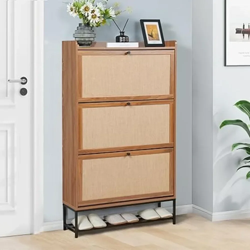 Shoe Storage Cabinet with 2 Flip Drawers,Wooden Narrow Shoe Cabinet Storage for Entryway,Metal Legs for Hallway(3 Drawer-1 Pack)