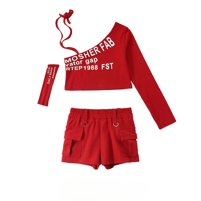 여자 재즈 댄스 의상 그룹 재즈 패션 정장 힙합 의류 레드 블랙 원 숄더 자르기 탑 T 셔츠 스웨트 팬츠 반바지 세트