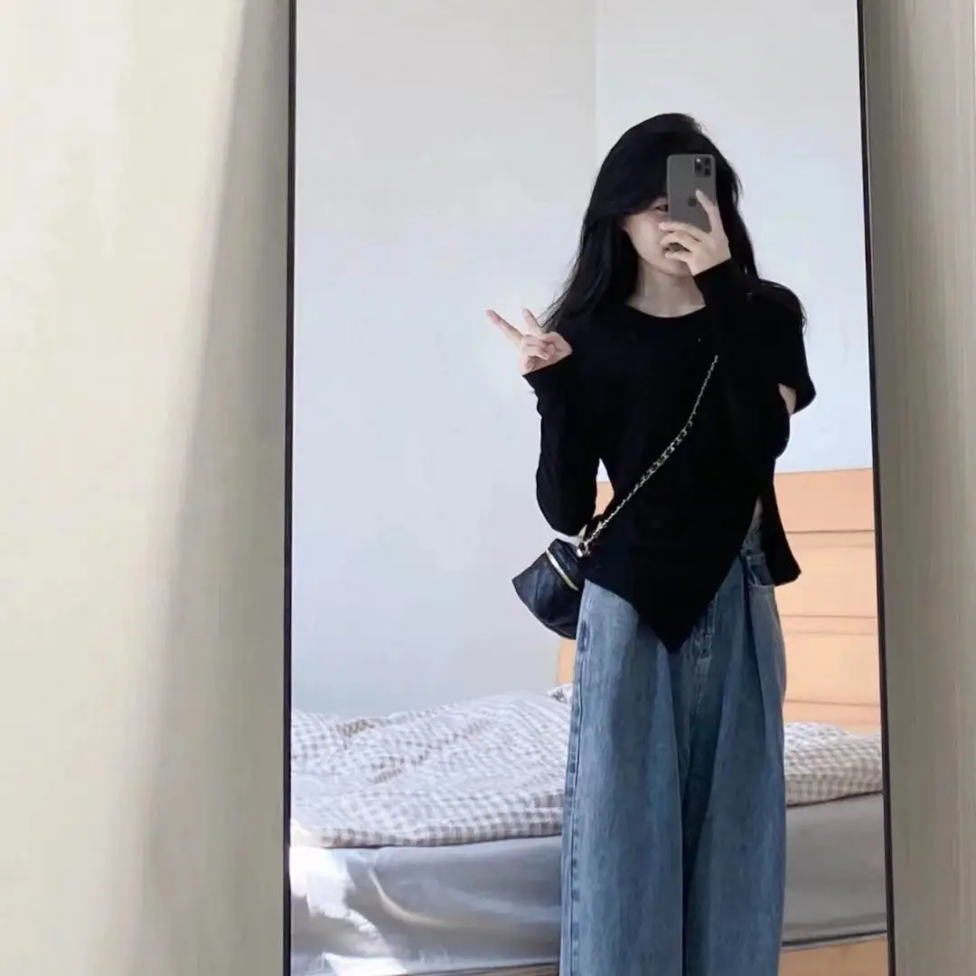 Koszulki z dziurami damskie czyste nowe iregularne Hip Hop seksowne jesienne zaprojektowane z długim rękawem eleganckie estetyczne młode proste dziewczyny topy Harajuku