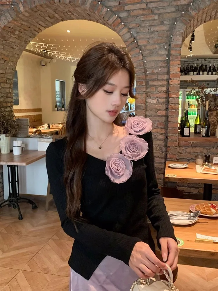 Ezgaga Knitted Tops Women Rose Flowers V Neck Long Sleeve Basic Split Autumn New Fashion Sweater Pullover Female Casual