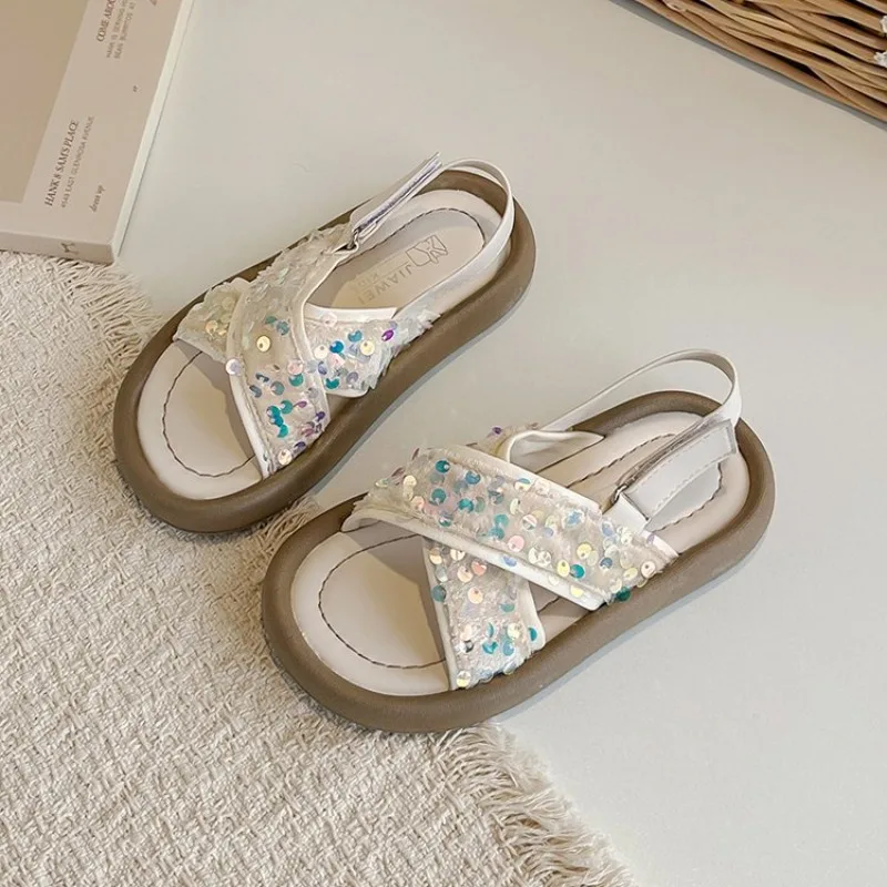 Children Casual Sandals Girls Princess Sandals Ruffles Cross Strape Ethnic Style Soft Bottom Summer Kids Roman Beach Shoes