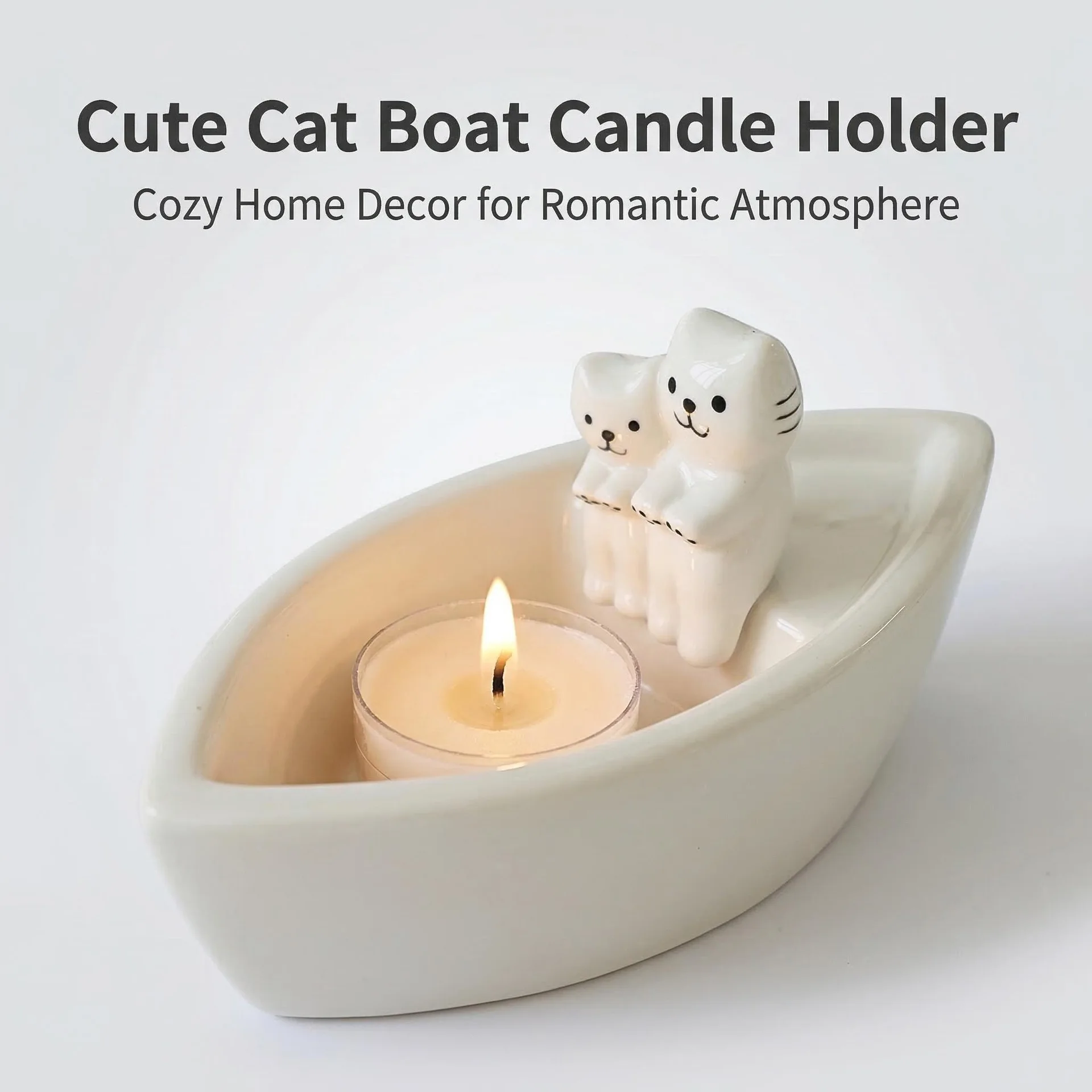 Cute Couple Cat Ceramic Tealight Candle Holder Boat Shape Kitten Figurine Candle Cup Home Aroma Decor Ornament Festival Gift