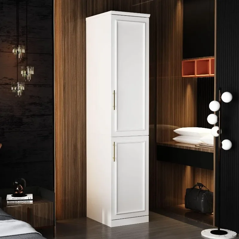 Wardrobe Closet, Tall and Narrow Armoire Wardrobe Closet with Hanging Rod, Gold Metal Handles, Bedroom Armoire Closet White