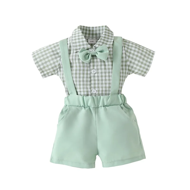 

Baby Boy Summer Clothes Gentleman Outfit Short Sleeve Jumpsuit Casual Stretch Suspender Shorts 2PCS Infant Set