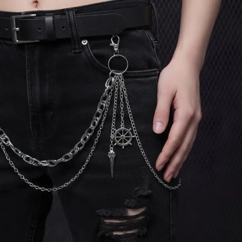 Punk Rivets Pants Chain Gothic Rock Hip Hop Dark Style Silver Color Multilayer Waist Chain Layered Jewelry For Men And Women