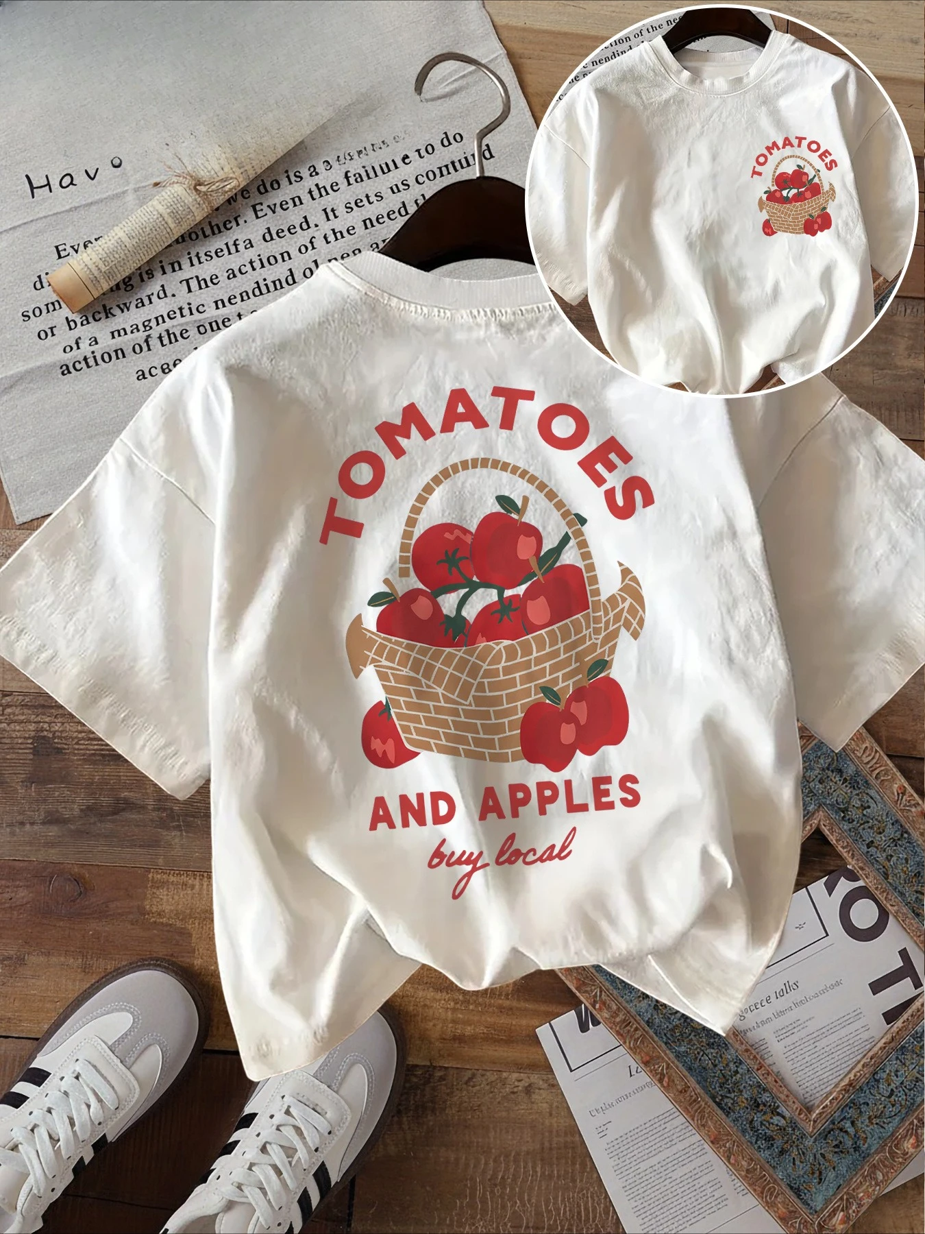 Women'S Stylish with Double-Sided Print Wear Featuring Fresh Fruit Basket with Tomatoes and Apples Round Neck Pure Short-Sleeve