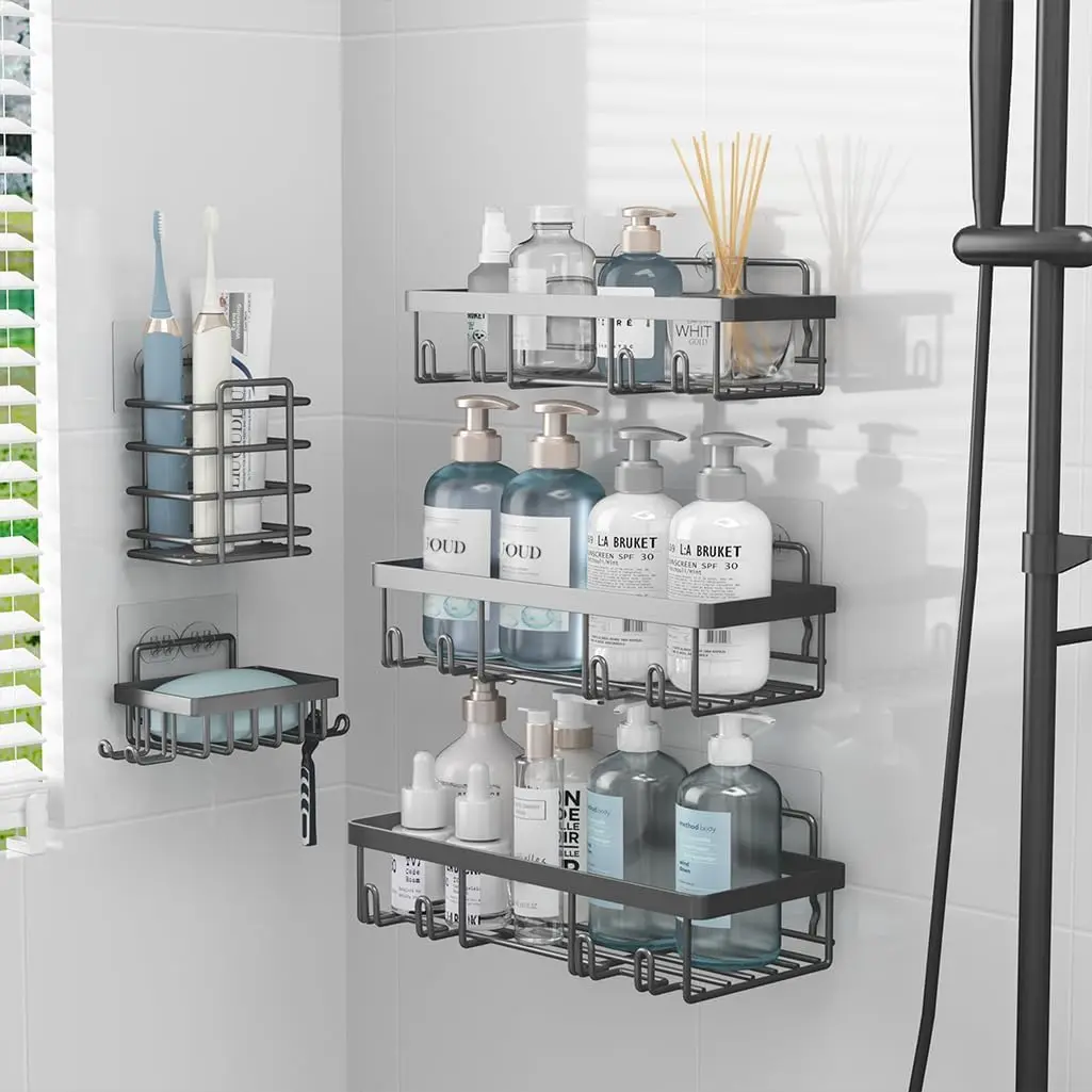 5 Pack Large Capacity Self-Adhesive Shower Caddy Organizer Rack Rustproof Stainless Steel Bathroom Wall Storage Basket Dark Grey